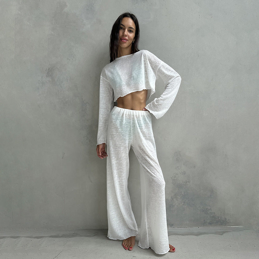 Ensemble de pyjama deux pièces en tricot blanc d'automne, col rond, manches longues, pantalon ample et confortable pour femme