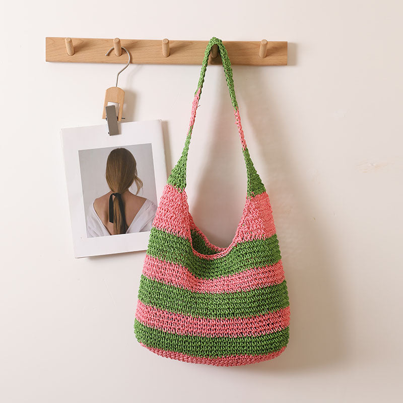 Grand sac à bandoulière en paille rayé grande capacité, sac en paille crocheté à la main, sac tissé, sac de plage pour les vacances en bord de mer