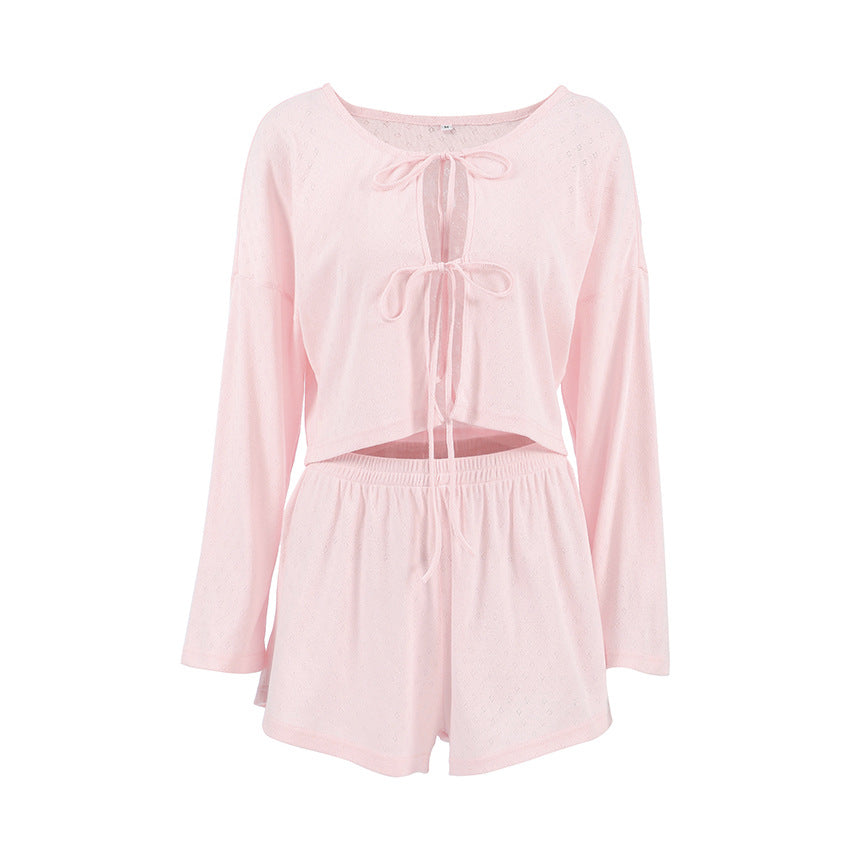 Lockere Schnür-Strick-Jacquard-Homewear, Herbst, Langarm, Shorts, Bequem, Leger, Pyjama für Damen