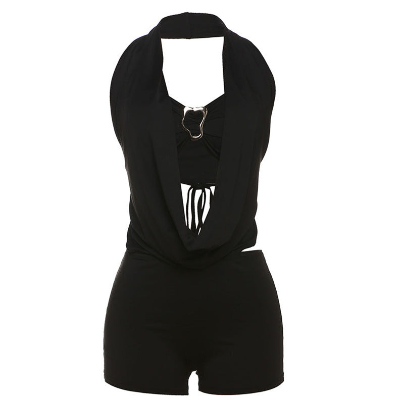 Damen Sexy Neckholder Tube Top Jumpsuit Set mit tiefem V-Ausschnitt, rückenfrei und zum Schnüren