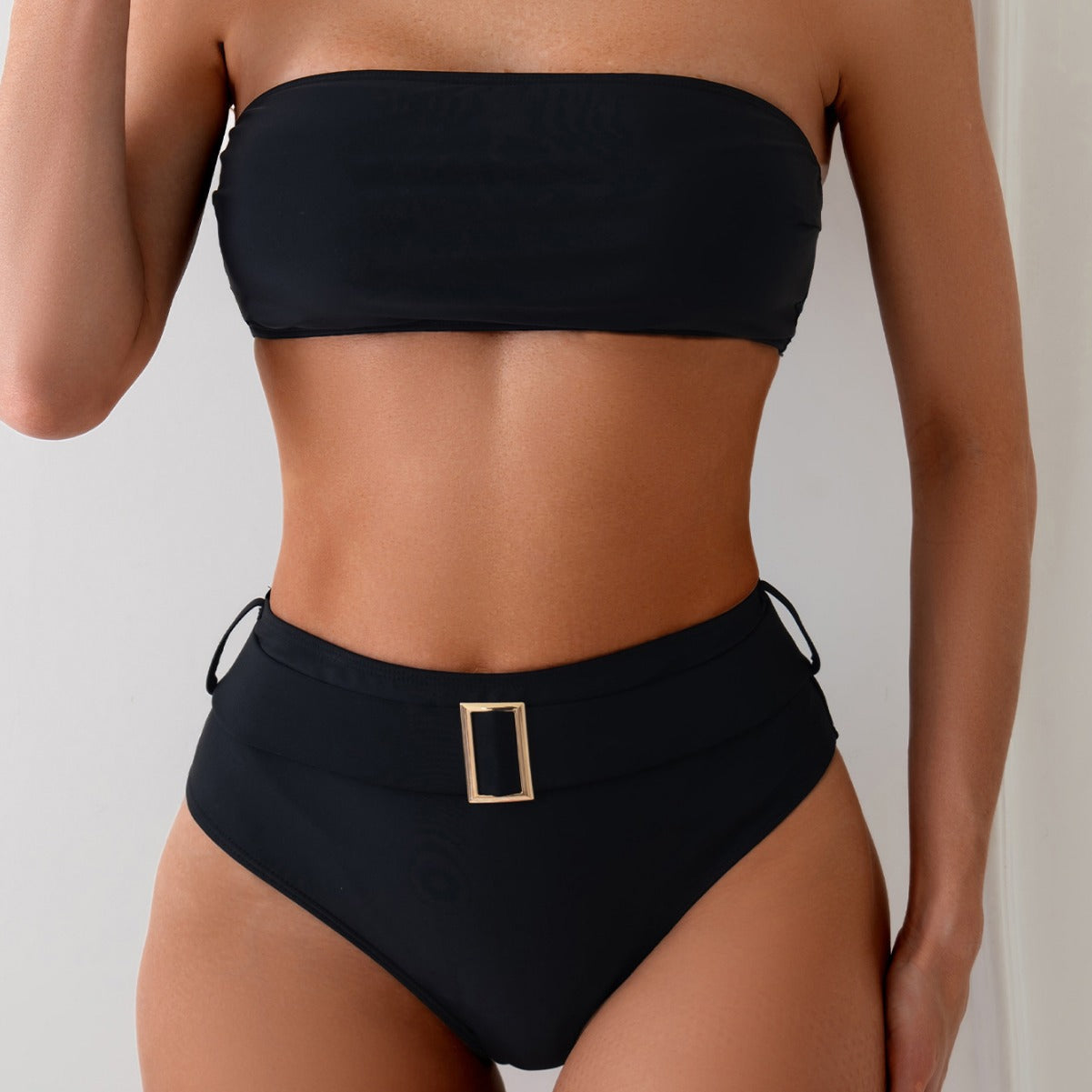 Sommer Damen Bandeau-Badeanzug Trägerloser High-Waist Sexy Badeanzug Anzug Einfarbiges Bikini-Set