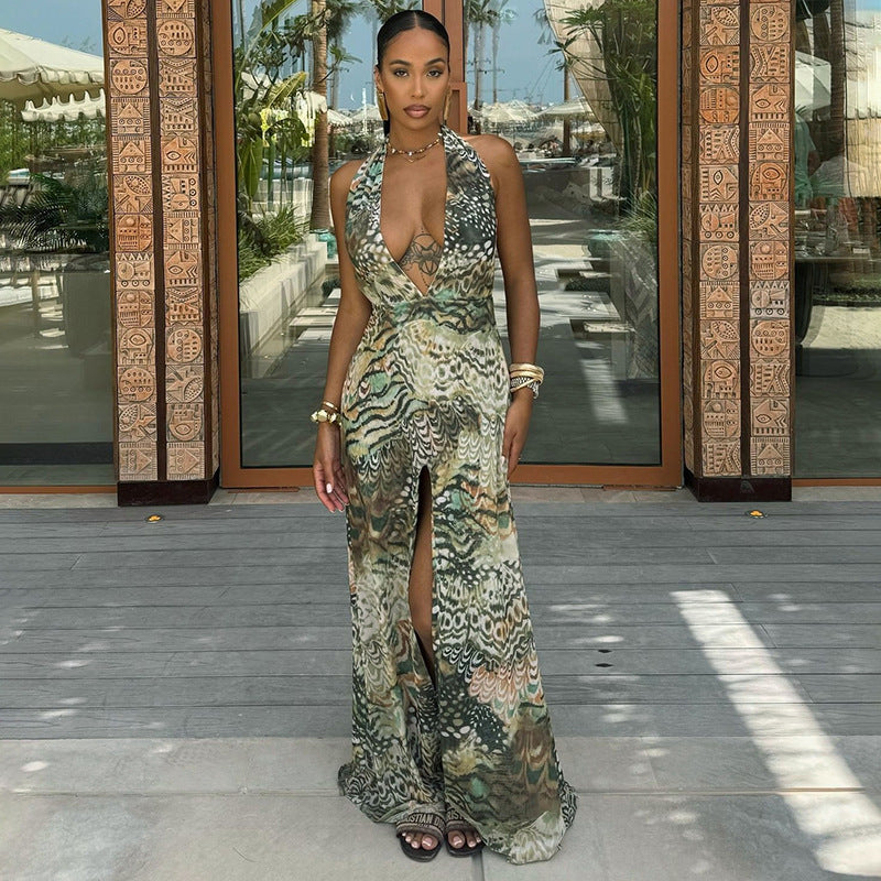 Robe Femme Élégante Col Licou Plongeant Dos Nu Taille Serrée Fendue Imprimé Abstarit