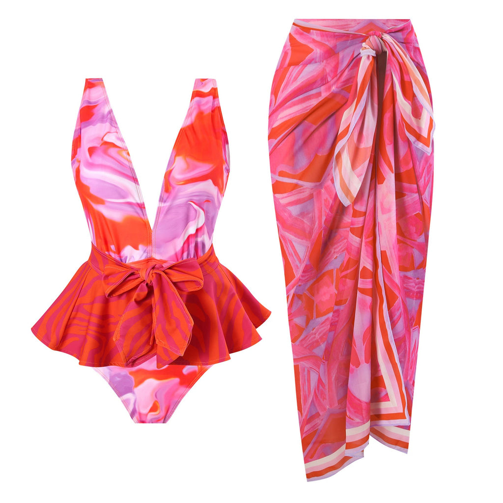 Retro One-Piece-Badeanzug für Damen, tiefer V-Ausschnitt, zum Schnüren, Chiffonrock-Set