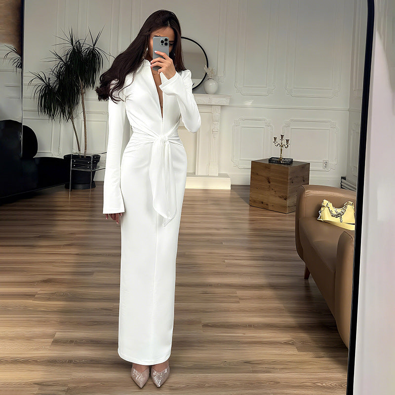 Damen Herbstkleid Einfarbig Kragen Eng Anliegend Schlank Lange Ärmel Reißverschluss Zum Schnüren