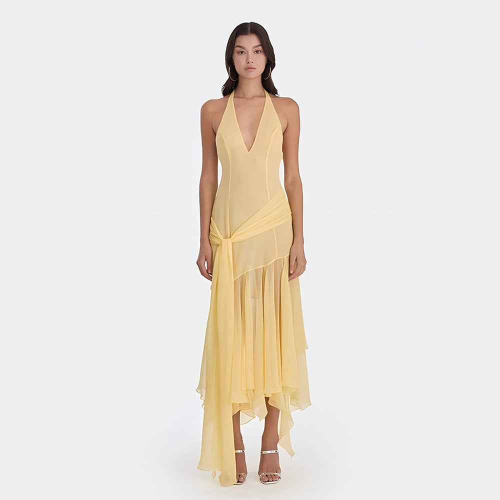 Robe d'été licou en mousseline transparente sexy décolleté plongeant en V avec ruban