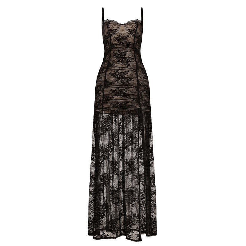 Robe fourreau élégante pour femme en dentelle transparente, fendue et plissée, idéale pour les vacances