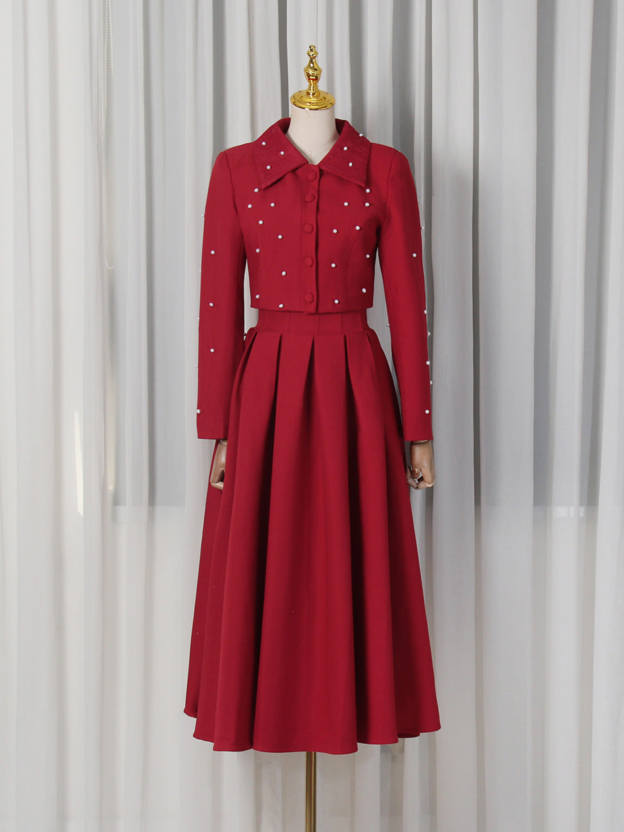 Frühling Elegantes plissiertes schmales Maxikleid, einfarbig, perlenbesetzt, Kragen, lange Ärmel, zweiteilige Sets für Damen