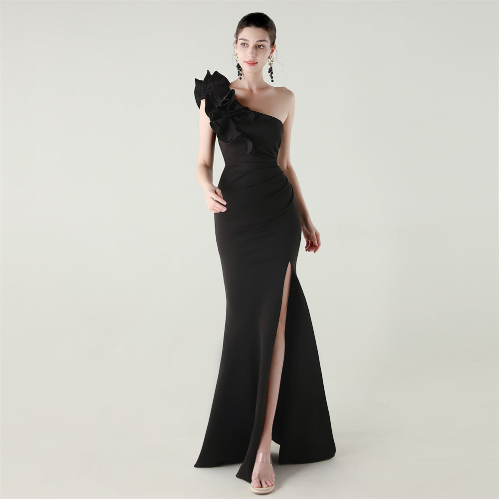 Ein-Schulter-Kleid mit Blumenmuster, Satinstoff, hohem Schlitz, sexy Abendkleid, Dinnerparty, Hochzeit, Gesellschaft