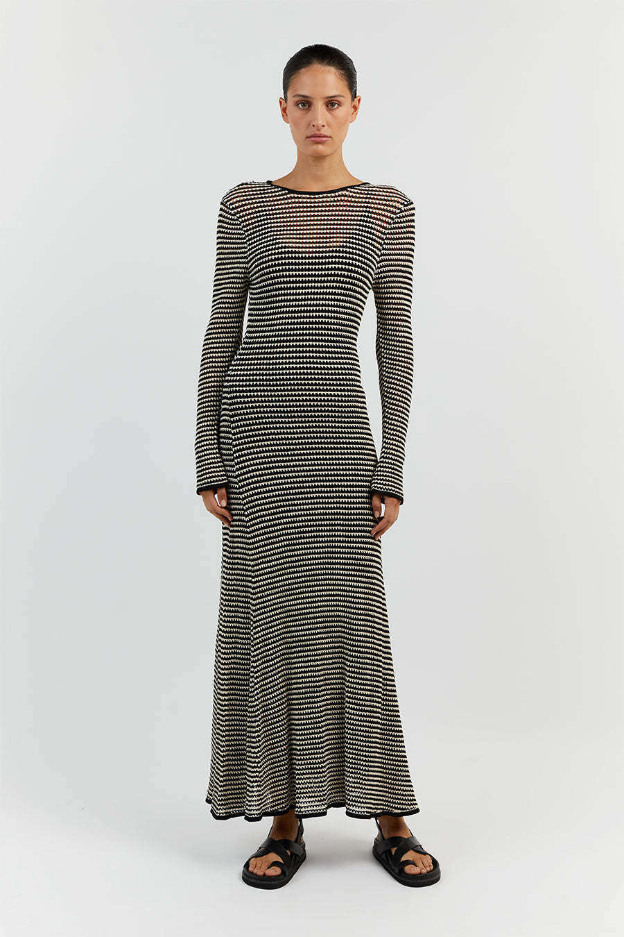 Robe longue d'été sexy en maille à rayures, tricotée et ajourée, pour les vacances à la plage, style chemisier.