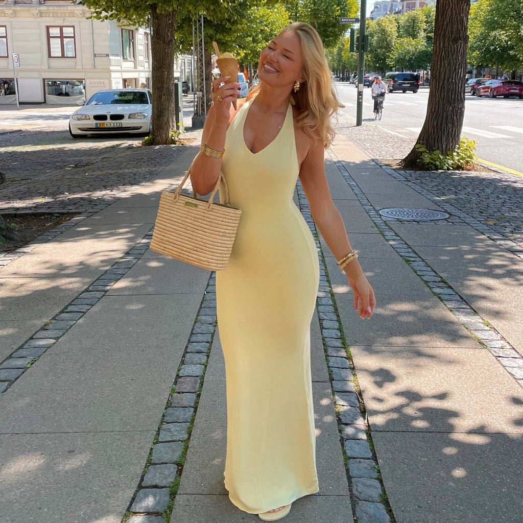 Damenbekleidung Sommer Sexy V-Ausschnitt Neckholder Rückenfrei Hohe Taille Schmal Unifarbenes Kleid