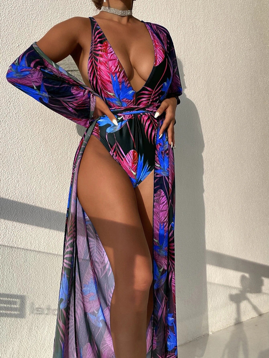 Badeanzug Damen Einteiler Bedruckt Netz Zweiteiler Blusen-Bikini-Anzug