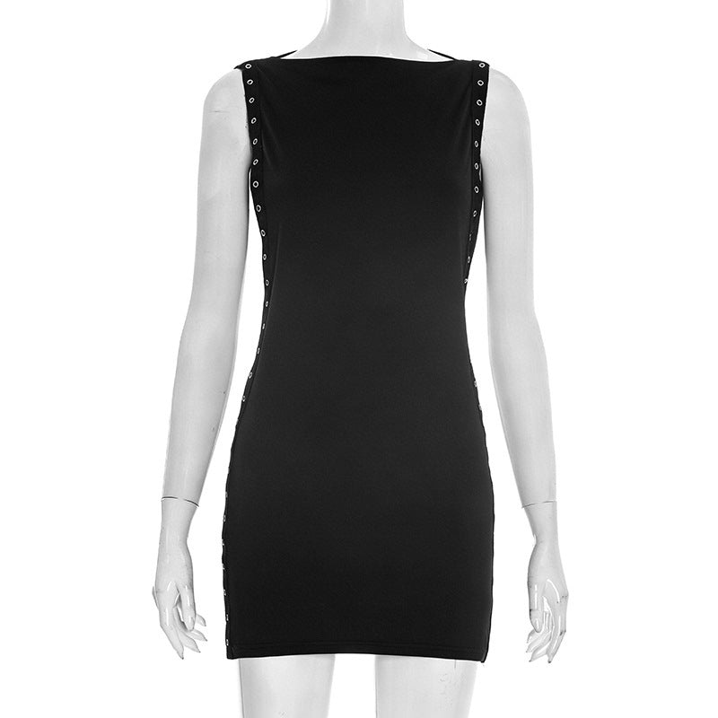 Damenbekleidung Sommer Einfarbig Freizeit Rundhals Mais Hohl Ausschnitt Sexy Kurzes Ärmelloses Kleid