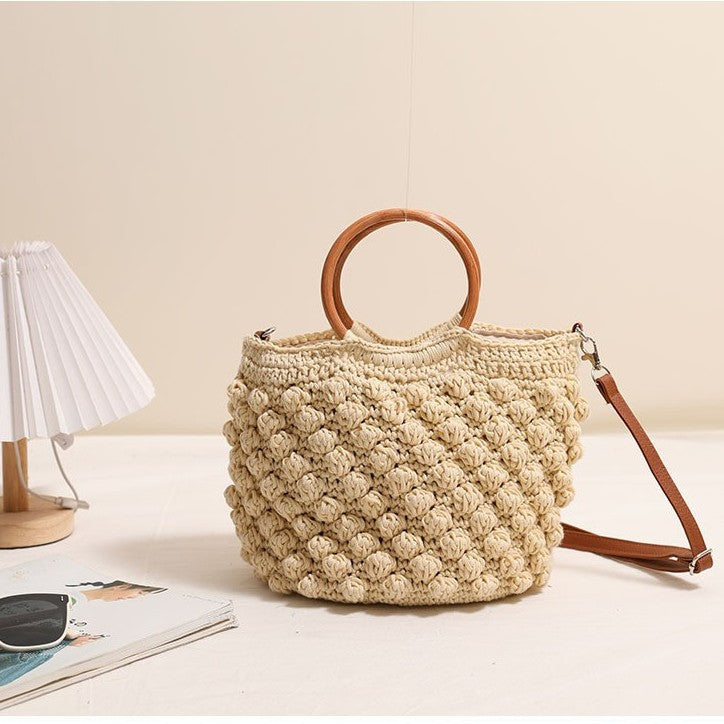 Sac en paille bandoulière Beanie avec anneau en bois, sac en paille portable, sac tissé, sac de plage pour les vacances, sac pour femme