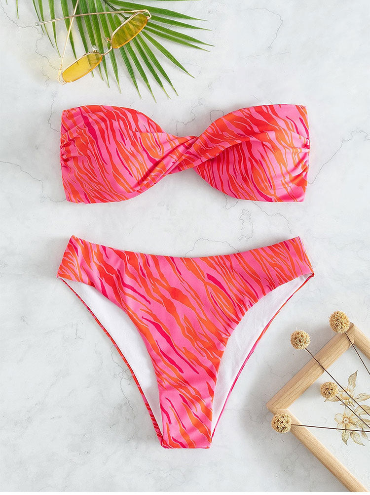 Maillot de Bain Bikini Bandeau Imprimé Sexy Dos Nu Deux Pièces Maillot de Bain Fendu