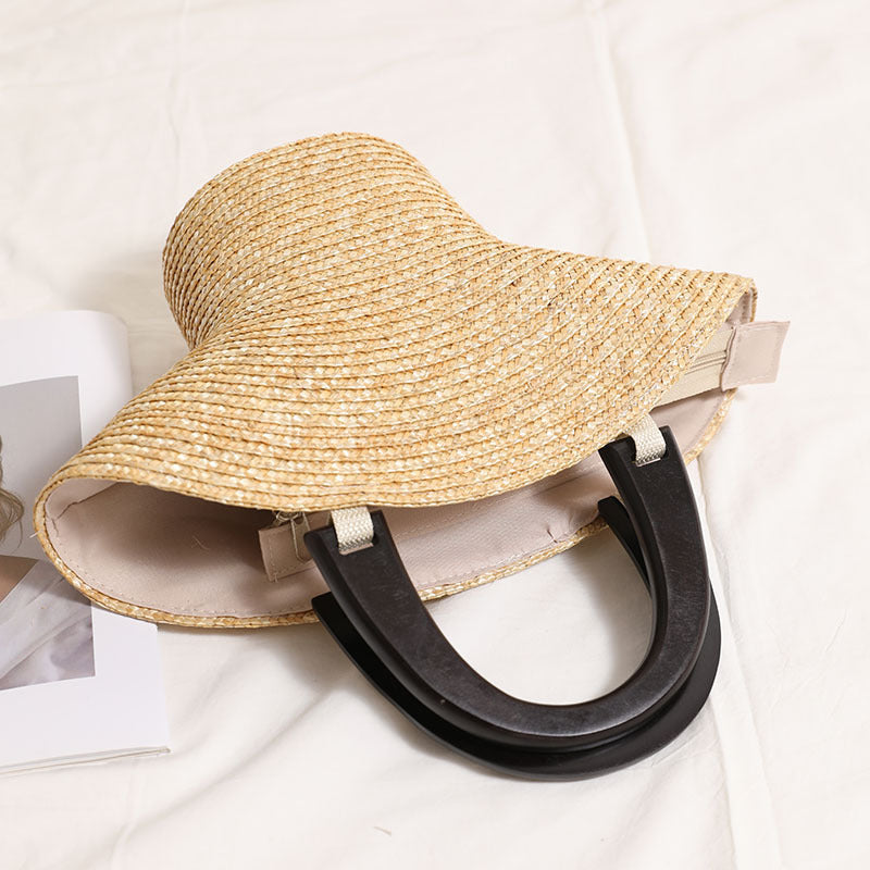 Sac en bois portable Chapeau en paille Sac en paille frais Sac tissé Sac de plage de vacances Sac pour femme