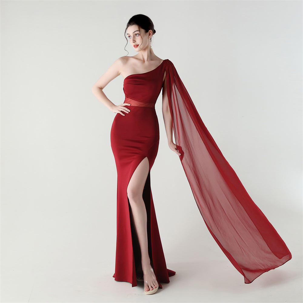 Einzelschulter-Crossbody-Kleid mit Netz-Design und Satinschleife, schmal geschnittenes Cocktailkleid/Abendkleid