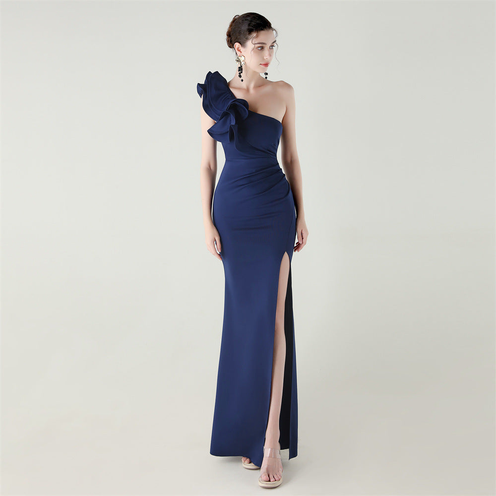 Ein-Schulter-Kleid mit Blumenmuster, Satinstoff, hohem Schlitz, sexy Abendkleid, Dinnerparty, Hochzeit, Gesellschaft