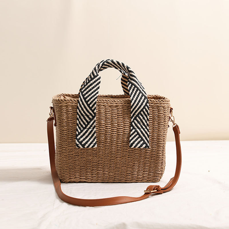 Sac à bandoulière en paille, couleur unie, sac tissé, sac de plage pour les vacances, sac tressé en rotin grande capacité