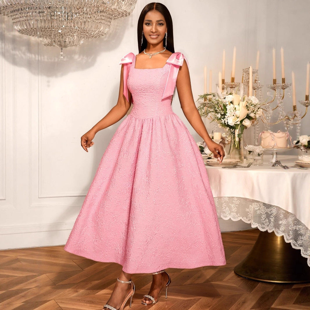 Robe Élégante pour Femme à Nœud, Jacquard Taille Haute, Robe de Soirée Cocktail Bal Swing
