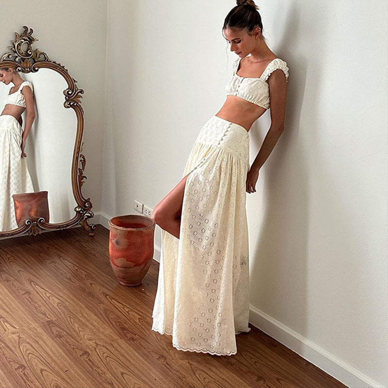 Sommer Französisch Kurz Schlankmachendes Cropped Outfit Sling Top Strandurlaub Rock Zweiteilige Sets Damen