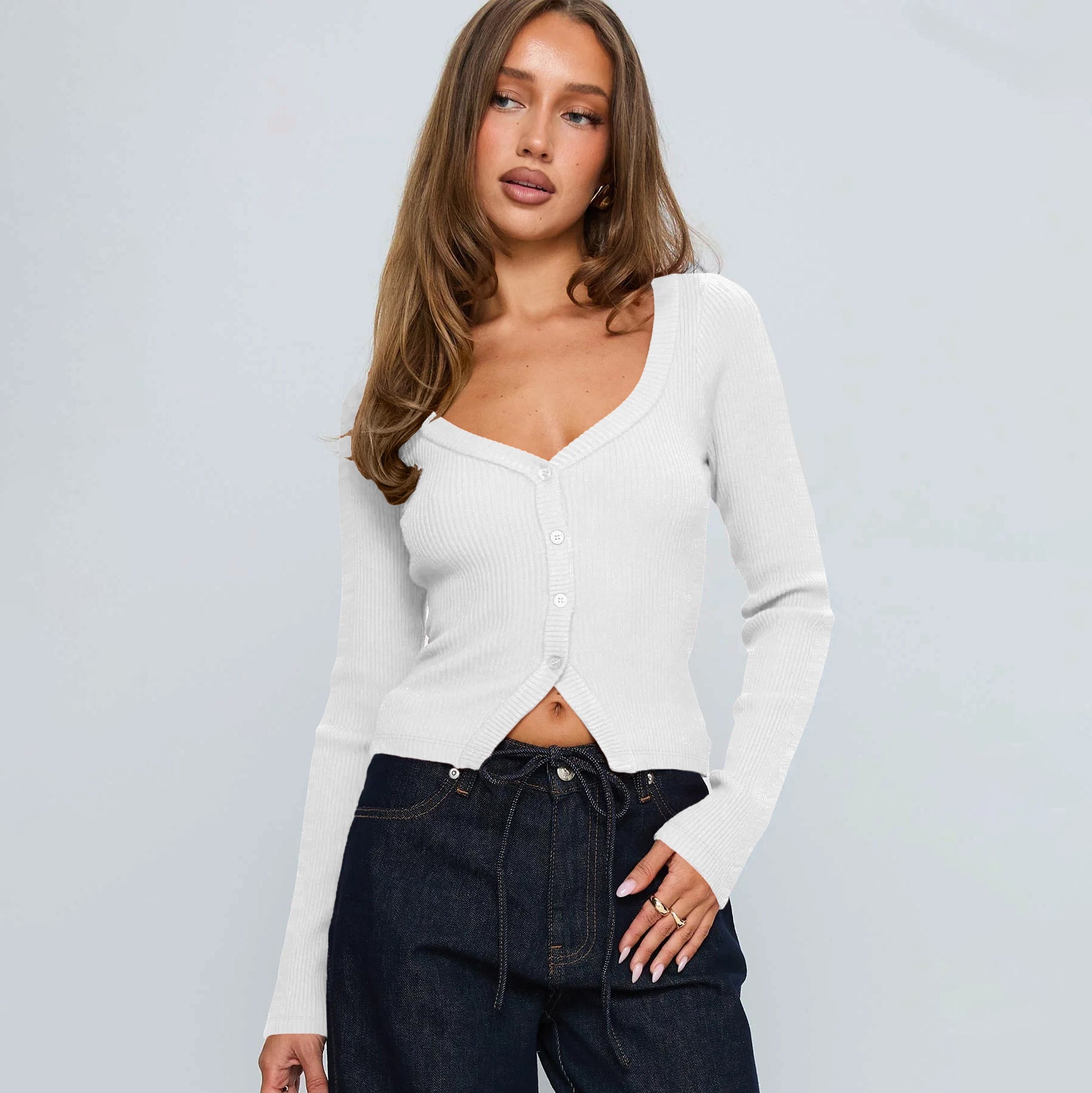 Damen Herbst Winter V-Ausschnitt Langarm Rippstrick Knopf Cardigan Schmale Passform