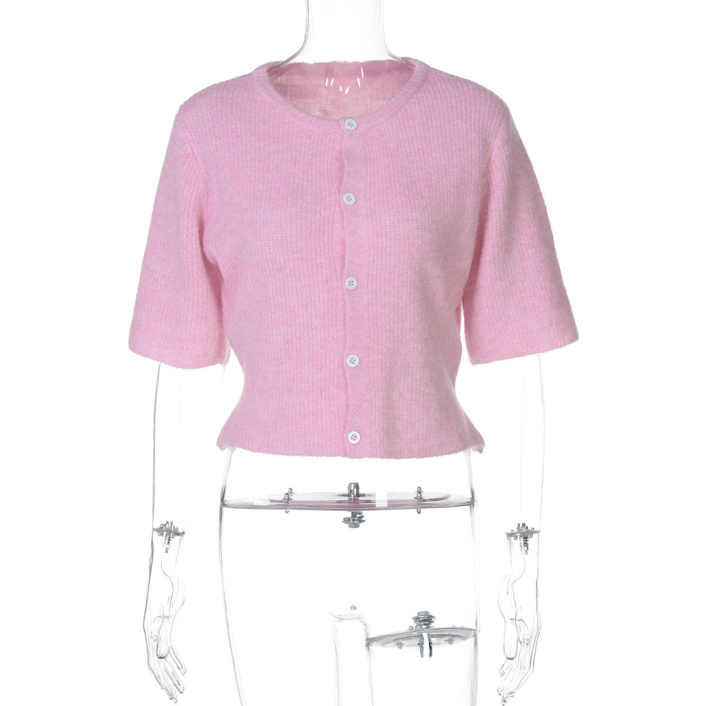 Damenbekleidung Herbst Rundhals Dreiviertelarm Strick Schnalle Cardigan Oberteil