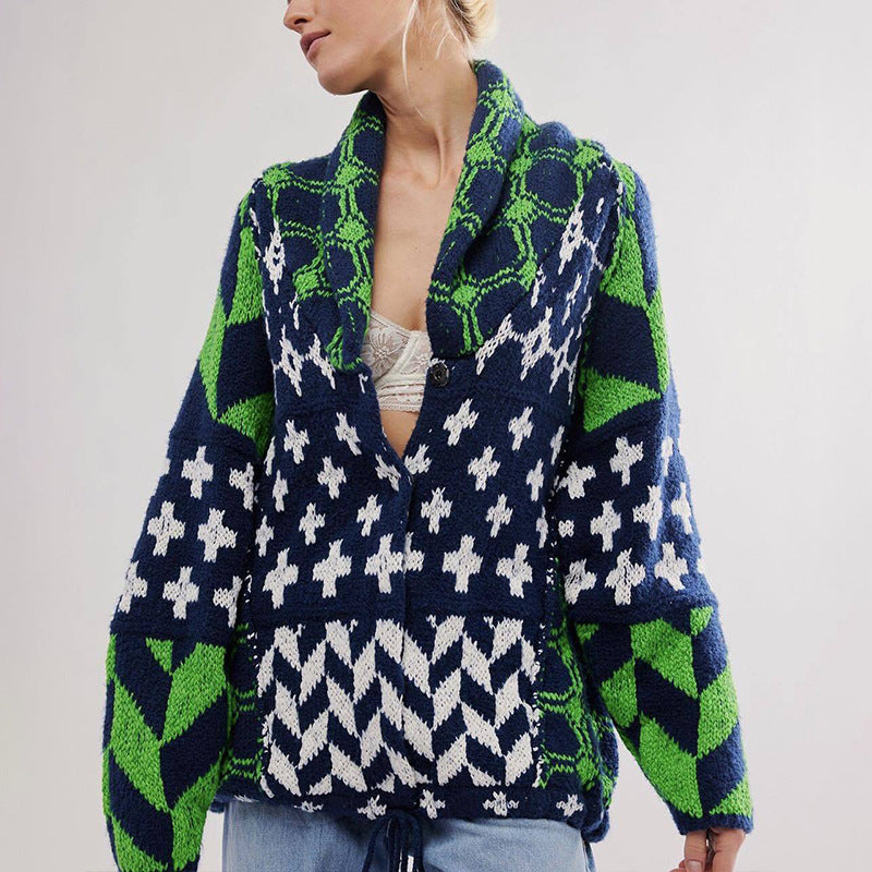 Pull tricoté ample à col et manches longues avec imprimé abstrait Automne Hiver pour femme