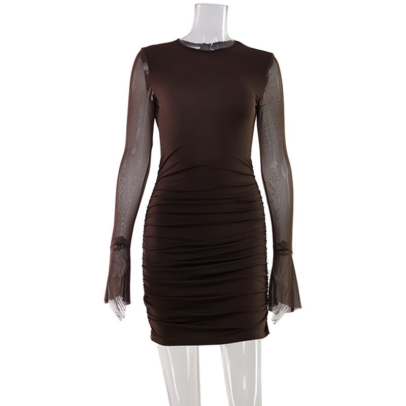 Sexy Damen Hohl-Cutout rückenfreies Mesh-Stitching Leichtes, schmal geschnittenes Falten-Scheath-Kleid kurzes Kleid Damen