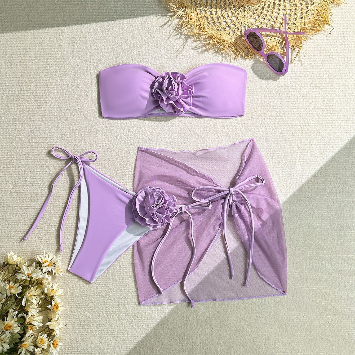 Bikini Sexy Three Piece Set Swimsuit Women Three Dimensional Big Floral Bikini Swimsuit