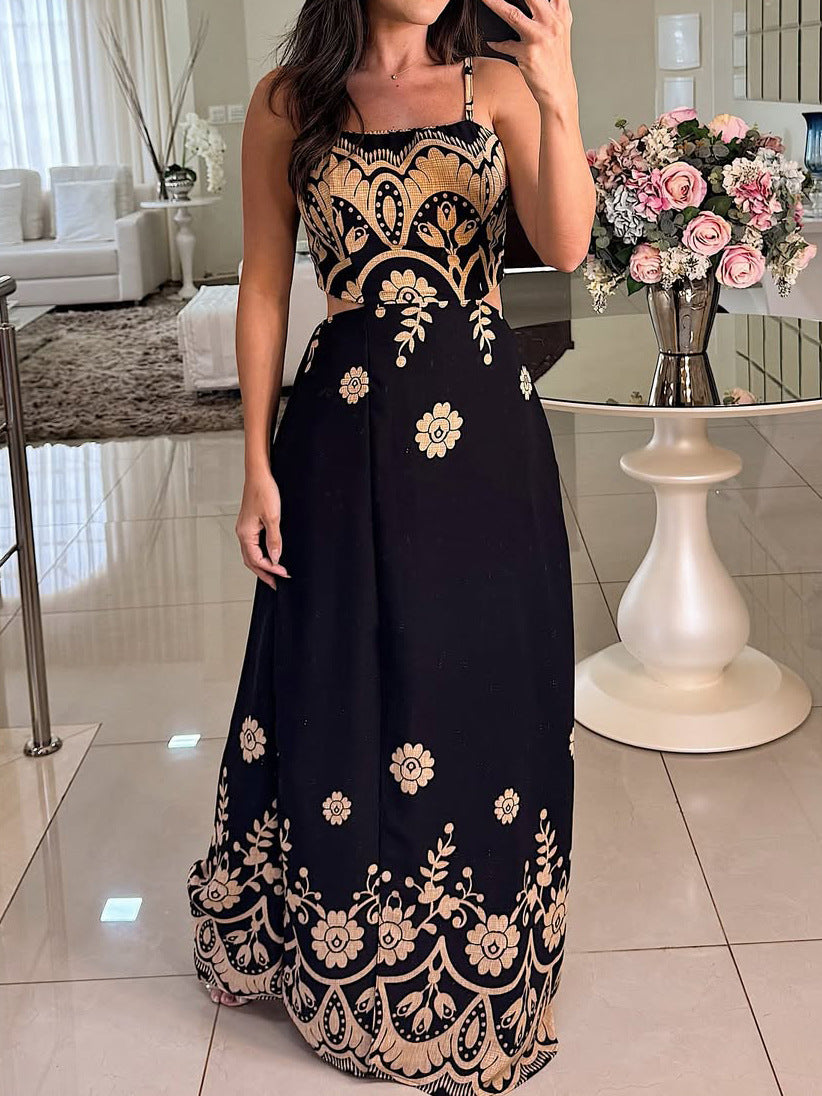 Damen Elegantes, anmutiges Spaghettiträger-Kleid mit Vintage-Muster