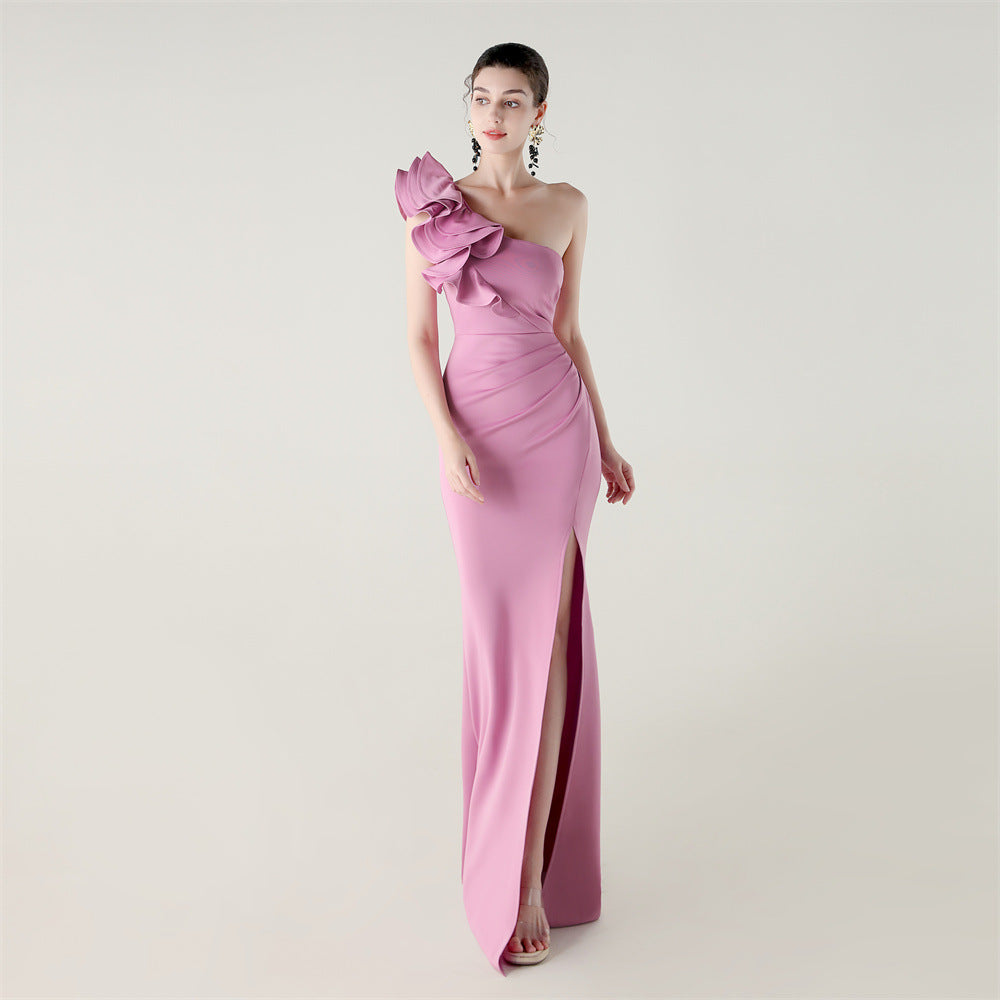 Ein-Schulter-Kleid mit Blumenmuster, Satinstoff, hohem Schlitz, sexy Abendkleid, Dinnerparty, Hochzeit, Gesellschaft