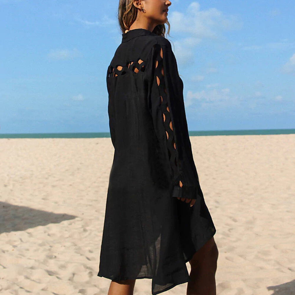 Slub-Baumwolle Patchwork-Kanten Hemd Sonnenschutz Cardigan Urlaub Strandmantel Bikini-Überwurf Bluse