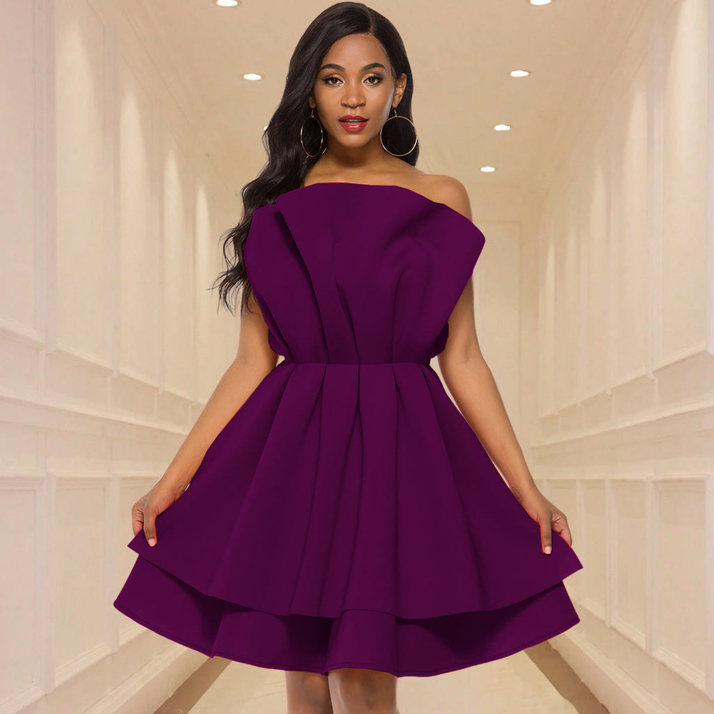 Sexy Tube Top Dress Ruffled a Hem Cocktail Waist Tight Evening Dress