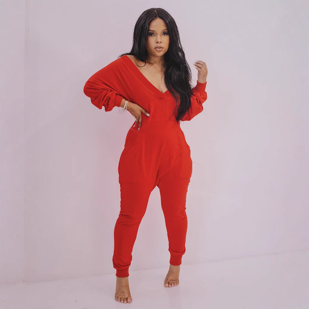 Combinaison-Pyjama Femme Col en V Sexy Manches Longues Automne Hiver