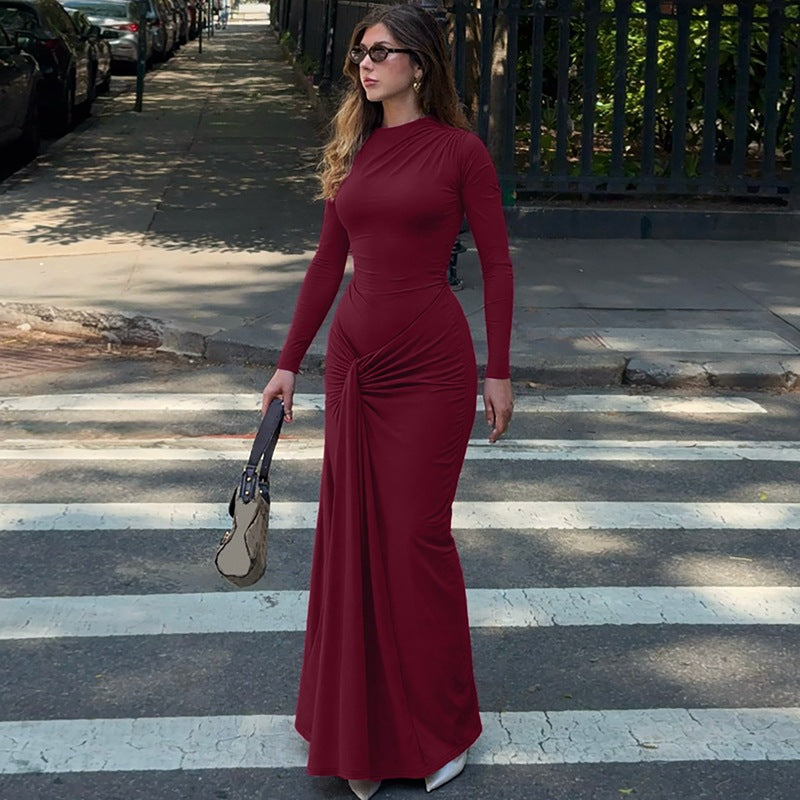 Robe Fourreau d'Été Cintrée à Lacets pour Femme, Manches Longues, Couleur Unie, Coupe Ajustée
