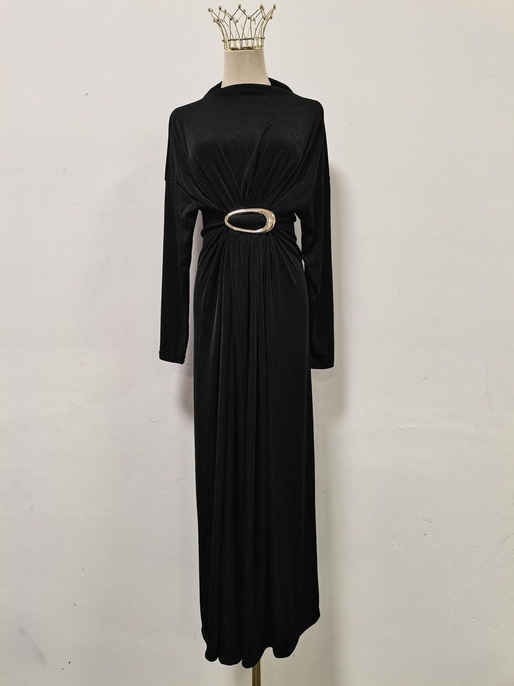Robe longue taille haute à col semi-montant, amincissante, en métal rétro décoratif, pour femme.
