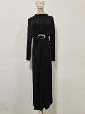 Robe longue taille haute à col semi-montant, amincissante, en métal rétro décoratif, pour femme.