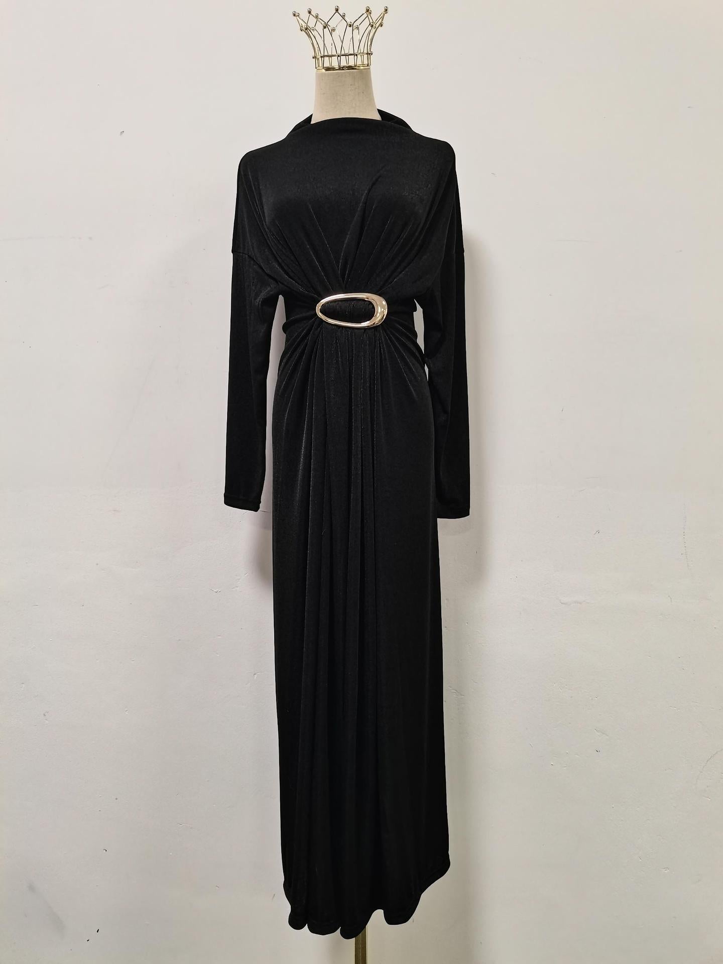 Robe longue taille haute à col semi-montant, amincissante, en métal rétro décoratif, pour femme.