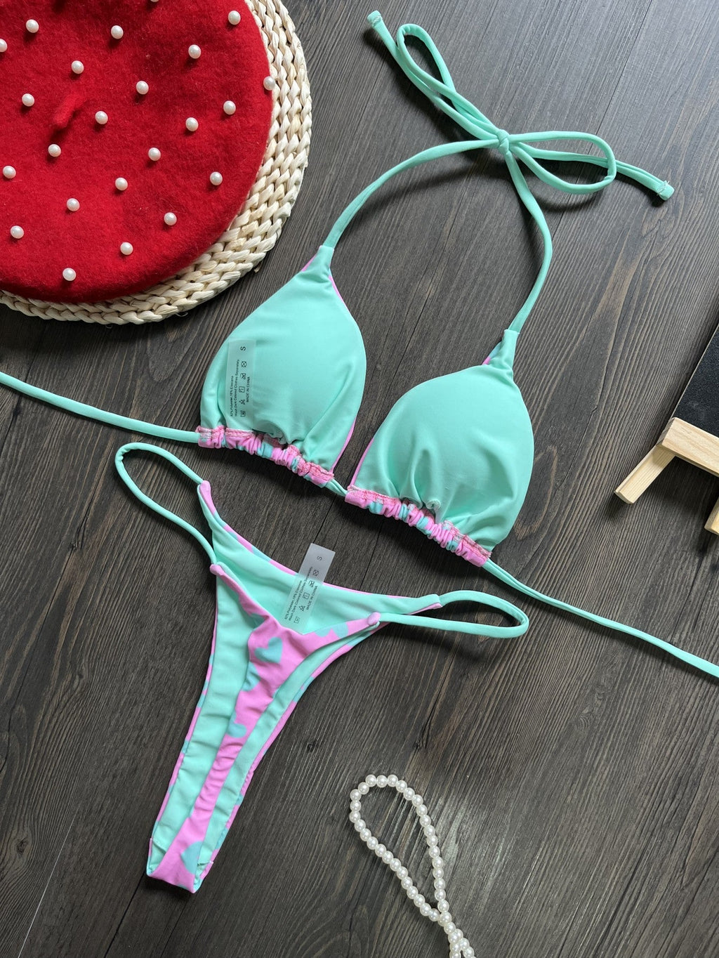 Bikini Cœur Imprimé Sexy Dos Nu Fendu Maillot de Bain Bikini