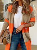 Cardigan tricoté à rayures contrastées automne hiver pour femme, décontracté, mi-long, avec épaules tombantes