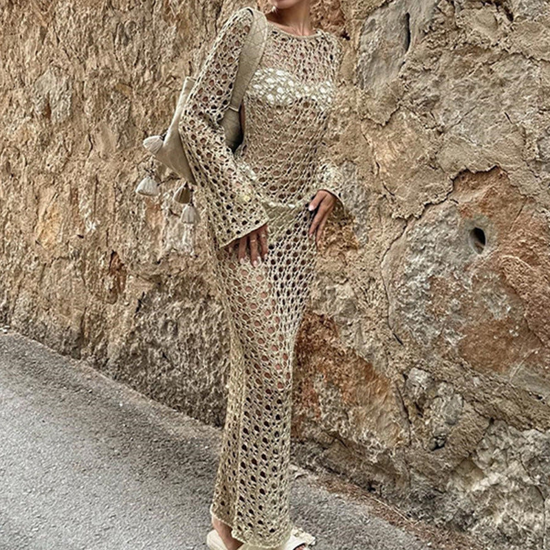 Vêtements Femme Robe Longue Sexy Découpée Évidée Manches Longues Col Rond Maxi Robe de Plage Jupette Crochet