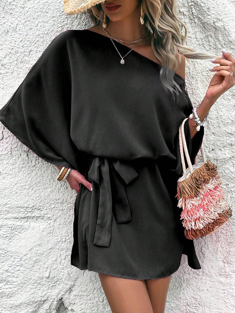 Damenbekleidung Satin Off-Shoulder-Satinkleid Asymmetrisches Kleid mit hoher Taille