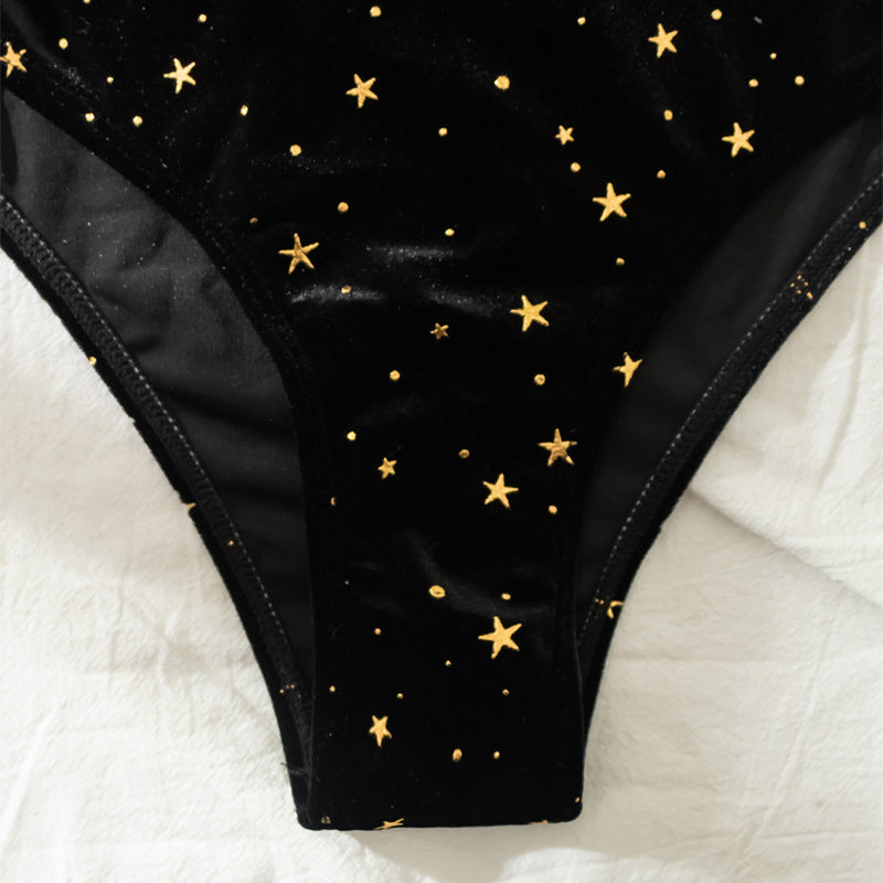 Badeanzug Damen Sommer Split High Waist Samt Stern Schwarz Frühling Badeanzug