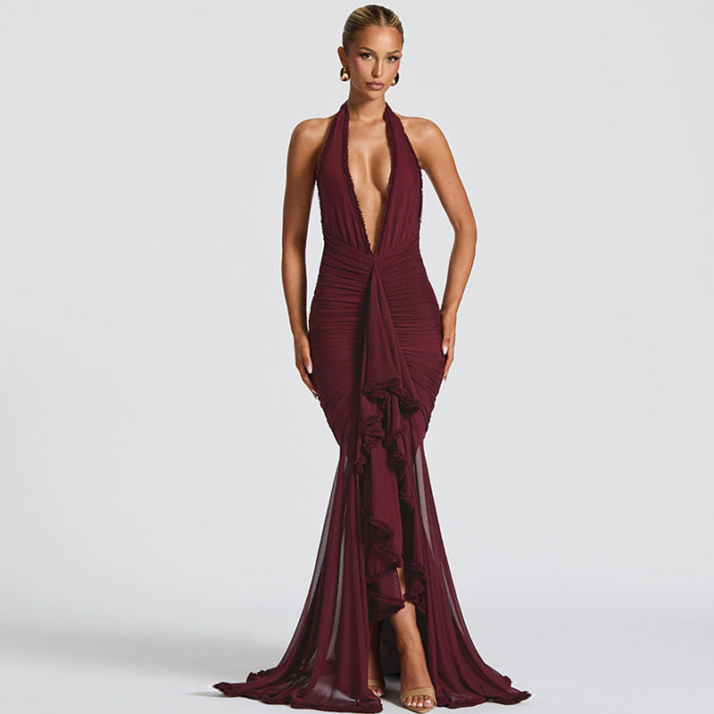 Sommer Mesh-Patchwork Elegantes Kleid Maxikleid V-Ausschnitt Neckholder Rückenfreies Sexy Kleid Damen