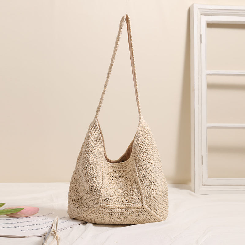 Sac à bandoulière simple de haute qualité en coton tissé grande capacité, sac de plage de vacances pour femmes avec motif floral ajouré en paille
