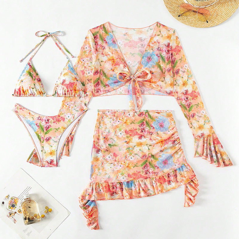 Maillot de Bain Impression Élégante Robe de Plage Bikini Ensemble Quatre Pièces Maillot de Bain Femme