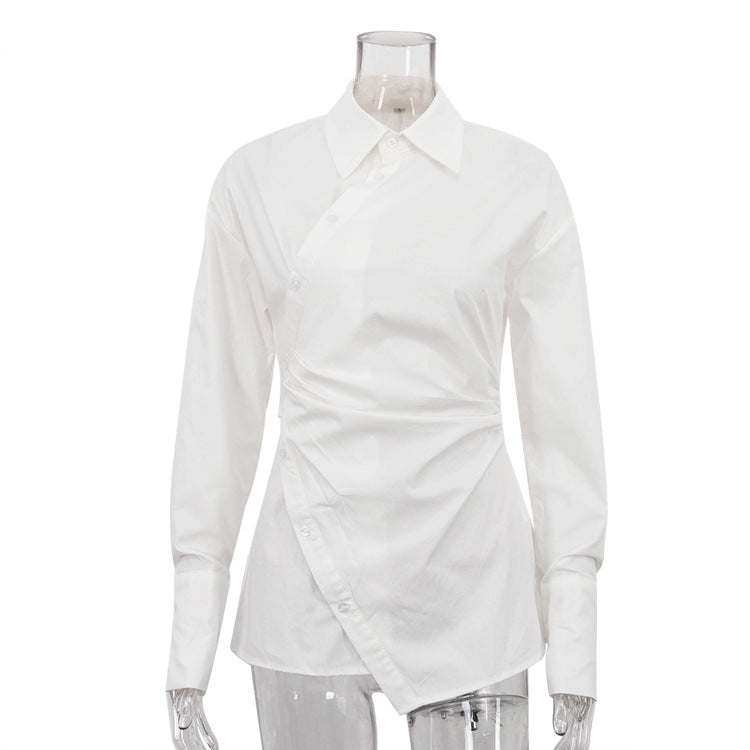 Chemisier en coton blanc à col et manches longues pour femme, avec design croisé, cardigan asymétrique irrégulier