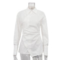 Chemisier en coton blanc à col et manches longues pour femme, avec design croisé, cardigan asymétrique irrégulier