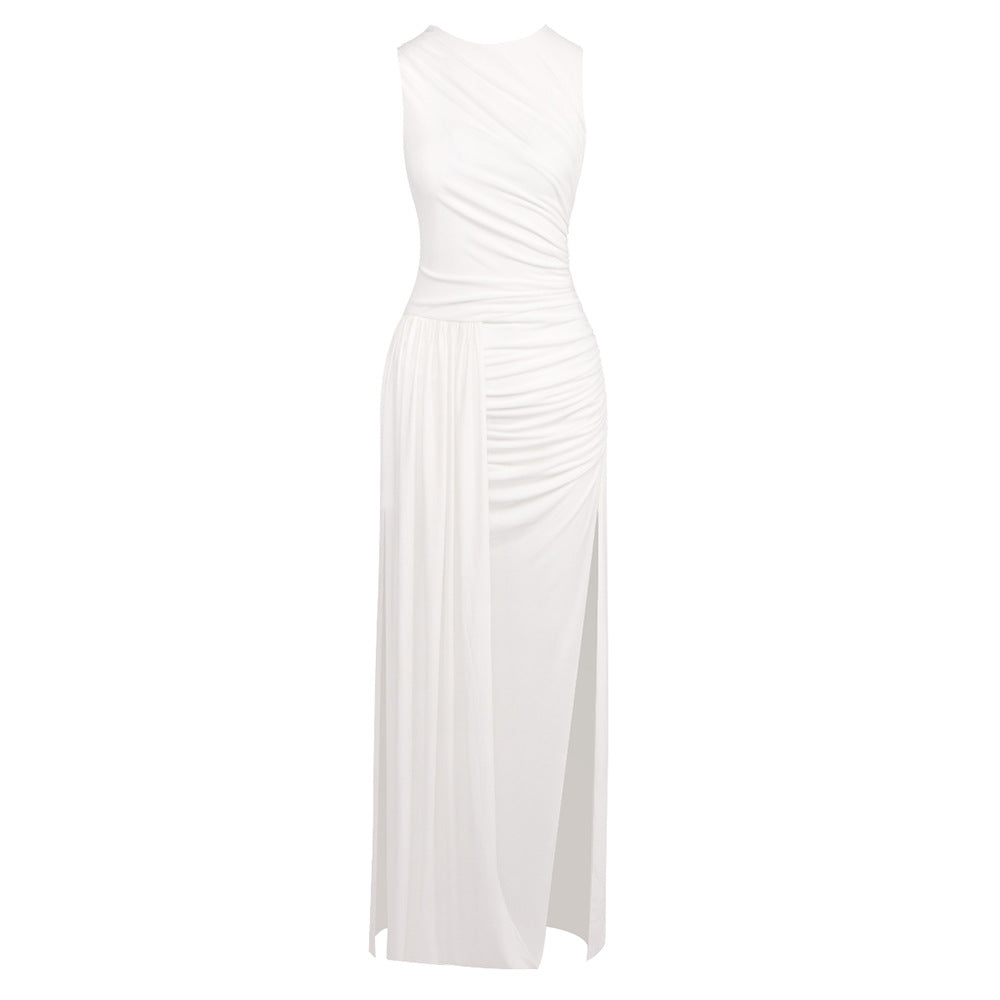 Robe branchée d'été, couleur unie, col rond, sans manches, fendue, asymétrique, maxi-robe