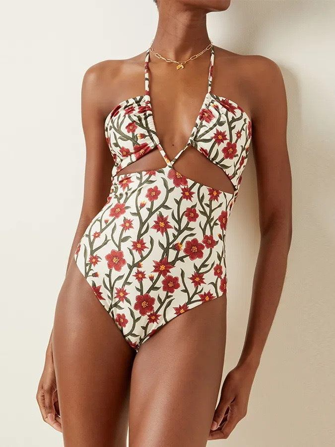 Maillot de bain deux pièces conservateur avec découpes ajourées, haut dos nu et jupe fourreau en gaze pour femme